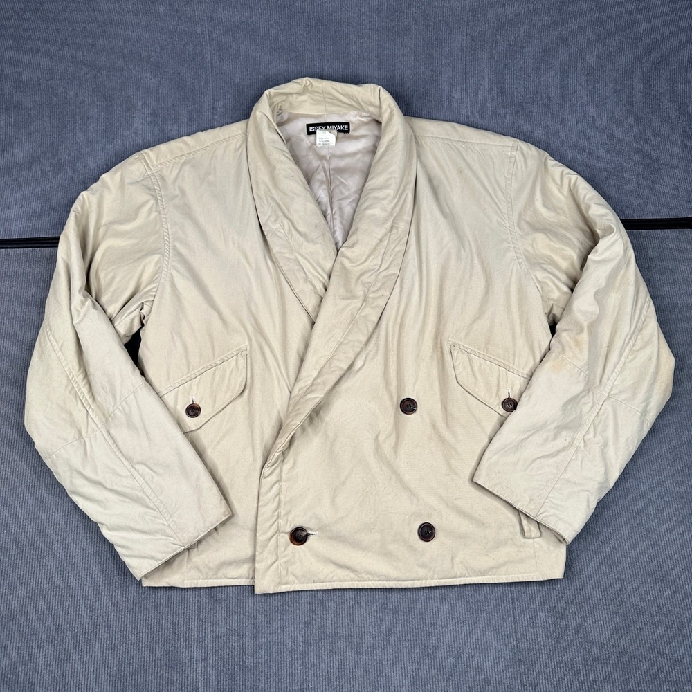 Issey Miyake Vintage Double Breasted Shawl Collar Padded Jacket Tan Beige RARE